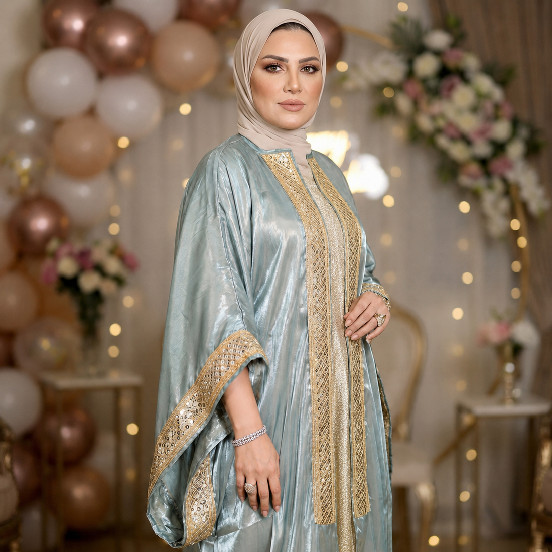 طقم قفطان بحريني أورجانزا شيمر - DBKC002